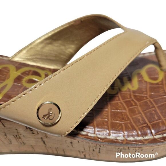Sam Edelman Wedge Sandals Womens Size 9.5 M Romy Patent Leather Tan Flip Flop - Picture 7 of 12